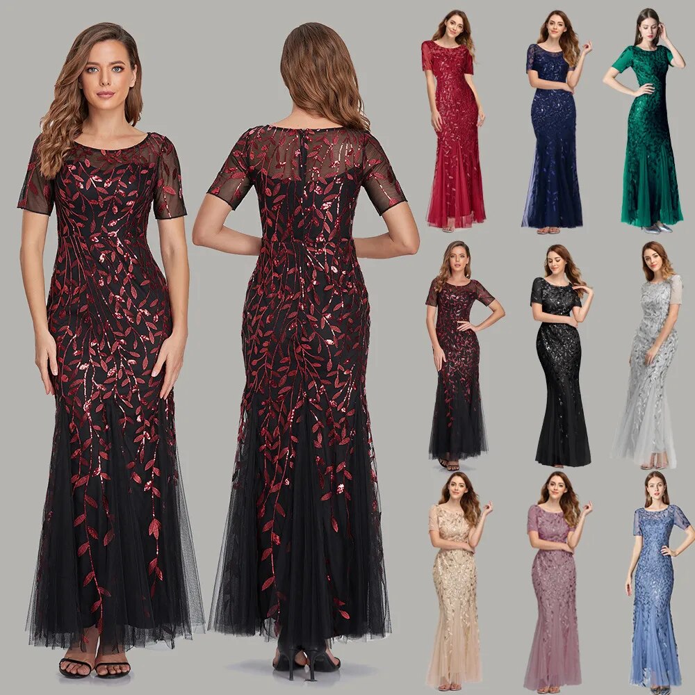 Women's Summer 2023 New Mermaid Party Evening Gowns Embroidered Mesh Maxi Sequins Elegant Bridesmaid Slim Long Fishtail Dresses